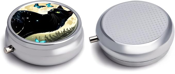 Black Cat and Butterfly Metal Round Pill Box, 3 Compartment Travel Organizer, Portable Pill Container with Secure Latch, 2 Inch Circular Vitamin Caddy for Pills and Vitamins, Gift for Him Her Elderly