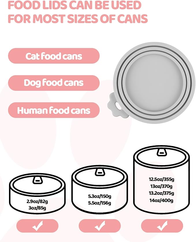 5 PCS Cat Food Can Covers Lids Set, Silicone Pet Food Can Lids with Multi-Function Cat Food Spoon and Opener, Cat Bar Squeezer, Stainless Steel Wet Food Spoon for Cats and Dogs (Pink) (Grey)