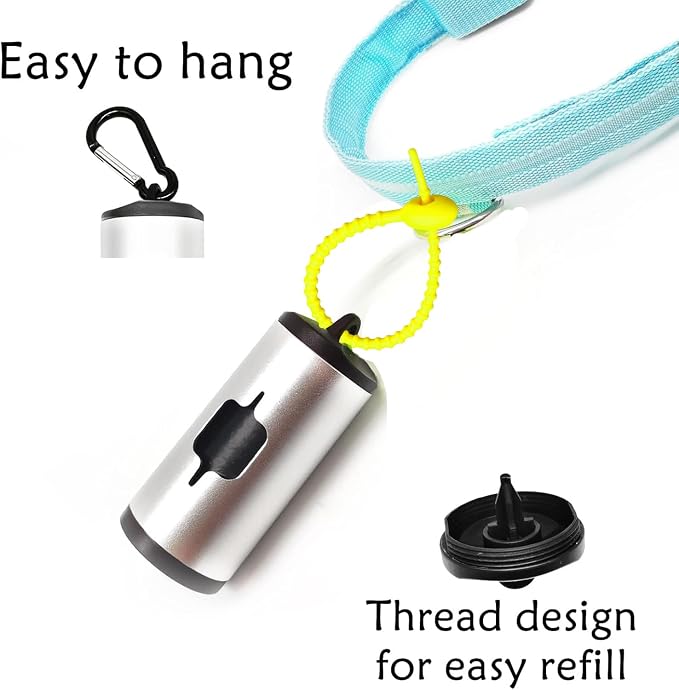 YUCHIYA Aluminum Dog Poop Bags Holder with Carabiner Metal Pet Waste Bags Dispenser with Hook and Loop Fastener and Elastic Cord to Carry Used Bags (Silver, 1 Holder 15 Bags)