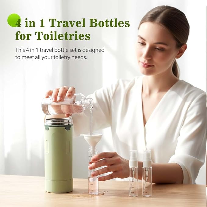 HISKI 4 in 1 Travel Bottles for Toiletries,Portable Travel Toiletries Bottle Set, Portable Containers for Shampoo Lotion Conditioner Cream Transparent with Scale and Label (White+Green-2PCS)