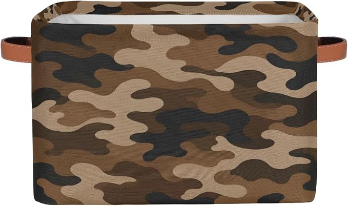 Pardick Camo Basket Storage Bins Rectangle Canvas Basket Cube Storage Box | Nursery Foldable Basket with Handle for Kids Girls Boys Toys Living Room Closet Organizer Shelf Gifts Camouflage Borwn