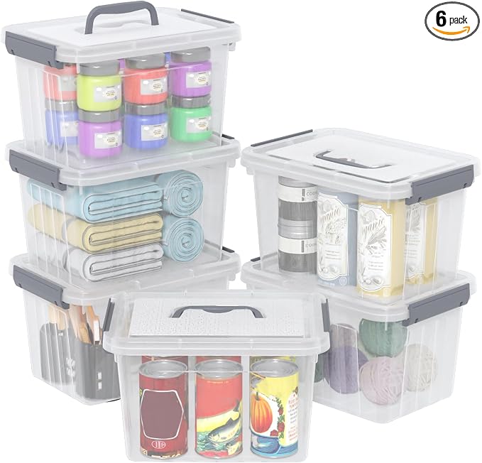 6 Quart Small Latching Bin with Lid, Plastic Storage Box, 6-Pack | Clear Plastic Tote Containers with Handle