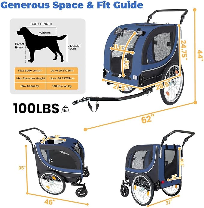 2 in 1 Dog Bike Trailer and Pet Stroller, 100 lbs Capacity Large Dog Bicycle Carrier with Steel Frame and 20" Air Tires & 8" Swivel Front Wheels, Foldable Pet Wagon Cart for Dogs Cats Outdoor Travel