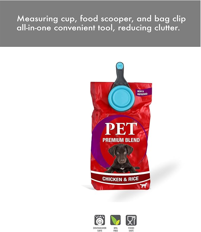 Dexas Popware for Pets Collapsible Klip Scoop, 3-in-1 Pet Food Scoop, Measuring Cup and Bag Clip, 1/2 Cup Capacity, Blue