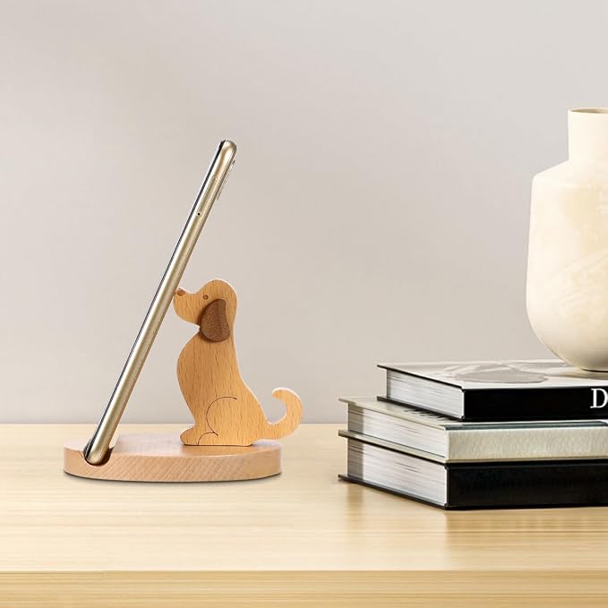 Didiseaon Wooden Dog Cell Phone Holder Cute Puppy Shape Smartphone Stand Tablet Dock Hands Free Mount Office Desk House Decor Accessory Chocolate Beech Wood Funny Creature Desktop Display 3.81 Inches