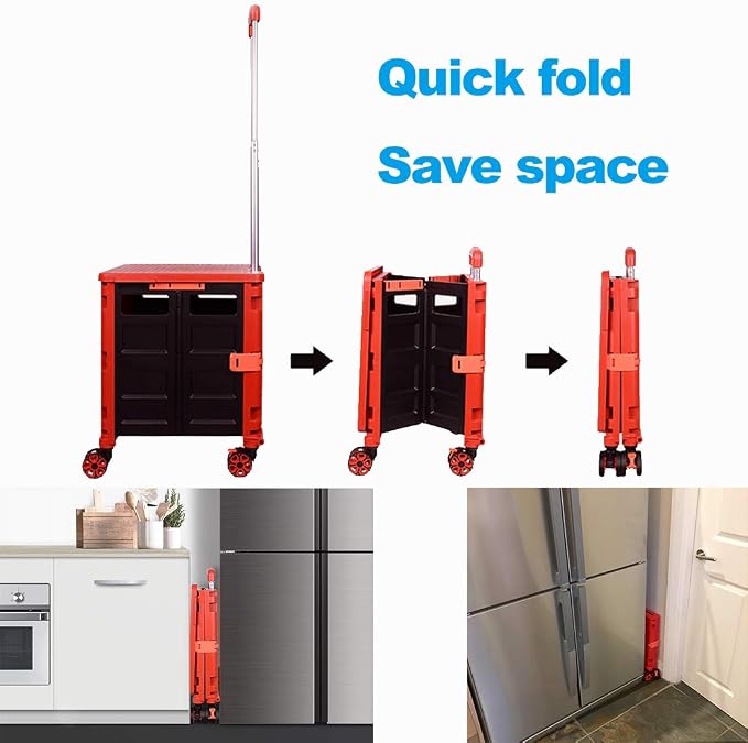 Foldable Utility Cart Folding Portable Rolling Crate Handcart Shopping Trolley Wheel Box with Lid Wear-Resistant Noiseless 360°Rotate Wheel for Travel Shopping Moving Storage Office Use (Red)