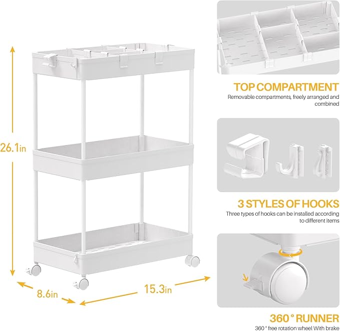 3 Tier Rolling Cart with Wheels, Storage Craft Art Trolley Organizer Serving, 3 Hanging Baskets Easy Assembly, for Office, Bathroom，Living Room, Kitchen, White