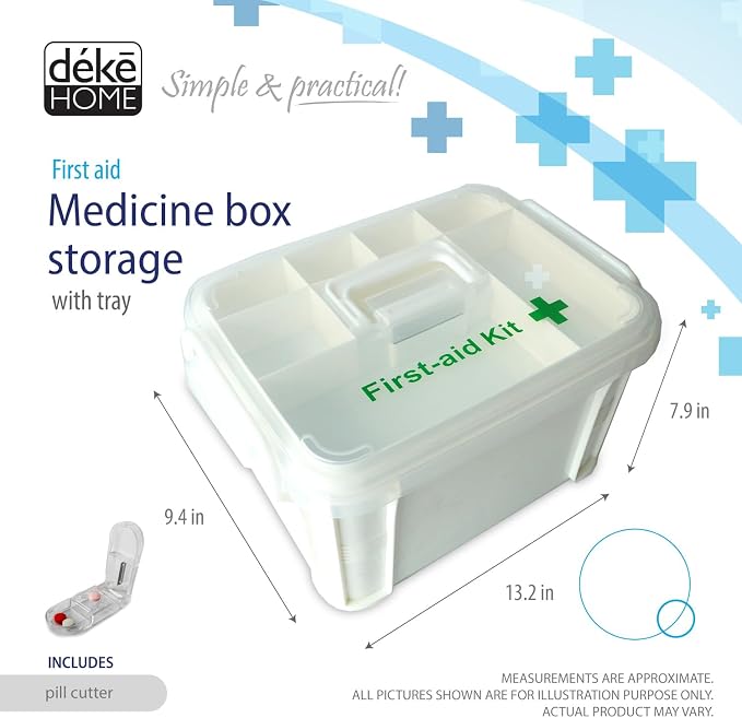 Deke Home - Portable First Aid & Medicine Organizer Box with Handle – Plastic Family Medical Storage Kit for Travel, Car, Home, Camping, Office + Pill Cutter
