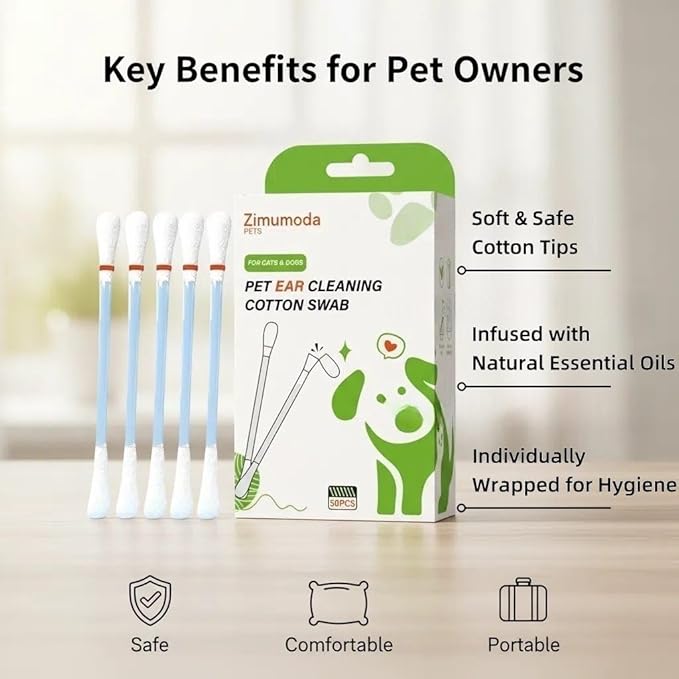 50 Pcs 2-in-1 Pet Ear Cleaning Cotton Swabs for Dogs & Cats - Essential Oil Infused Cat Ear Cleaner - Gentle Ear Wax Removal - Soothing Itch & Freshness - Individually Wrapped for Easy Use