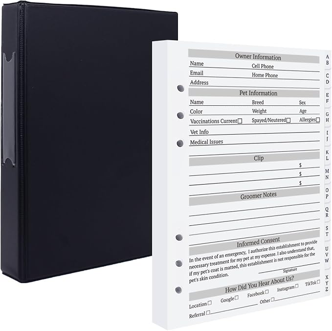 Dog Grooming Cards, Pet Groomer Client Profile Book-Binder, Black | Pet Grooming Client Cards, Kennel Care Client Record Book, Client Profile Cards Dog Grooming Salon