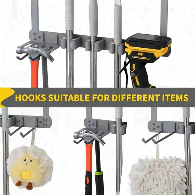 Over Door Tool Organizer, Heavy Duty Utility Rack with 3 Slots, 2 Hooks and 1 Basket, Power Tool & Garden Tool Storage for Garage, Workshop, Warehouse, Fits Brooms and Mops - Grey