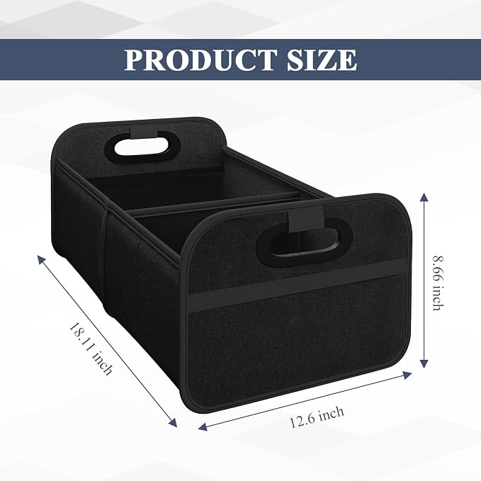 Car Trunk Organizer, Foldable Car Trunk Storage Box with 2 Compartments & Mesh Pocket, Large Capacity, Portable with Handle, Collapsible Backseat Storage Organizer for SUV Truck Sedan (Black)
