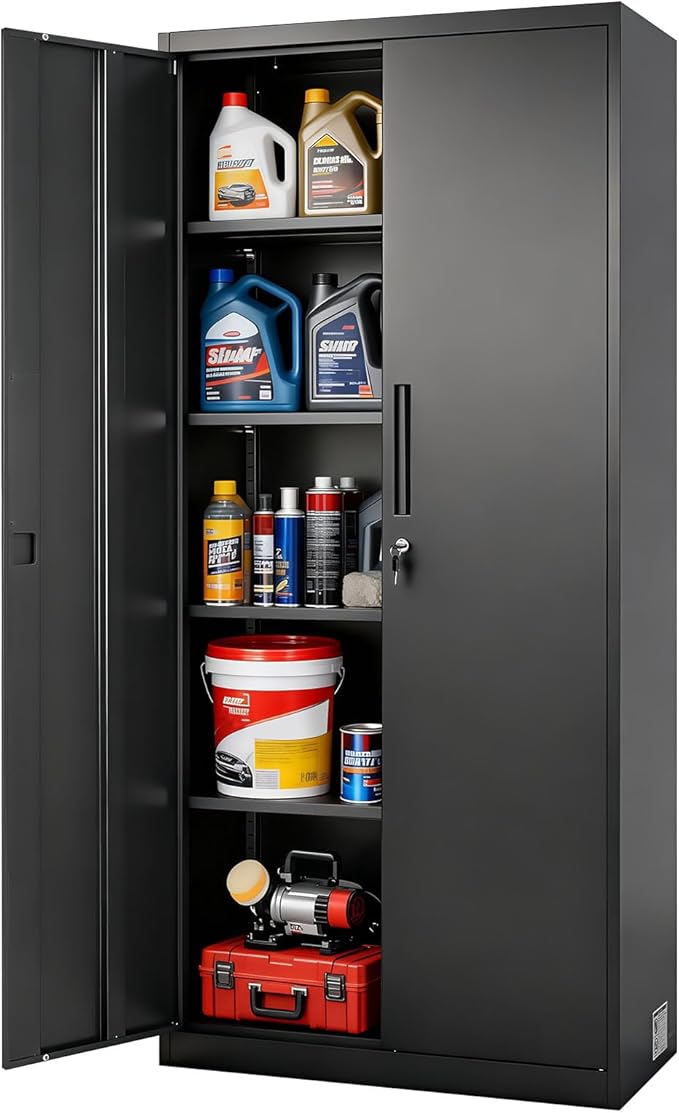VEVOR Metal Storage Cabinet, Lockable Steel Garage Cabinet with Magnetic Doors and Adjustable Shelves, 2 Keys, 5-Tiers Tall Tool Locker for Home, Office, School, Pantry, Warehouse, Laundry, Black