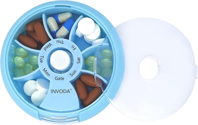 2PCS INVODA Weekly Pill Organizer 7 Compartment Rotating Pill Box for Daily | Cute Round Pill Organizer Fit purse pocket or backpack Portable Travel Pill Case for Fish Oil Supplements Vitamins Medication