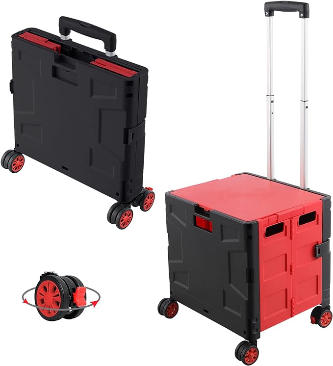 FELICON Folding Utility Cart Rolling Crate Handcart Basket Tote-Red+Black | Collapsible Hidden Lid,Plastic Box,Telescoping Handle,4 Rotate Wheels for Travel Shop Move Grocery Laundry Office Teacher Use