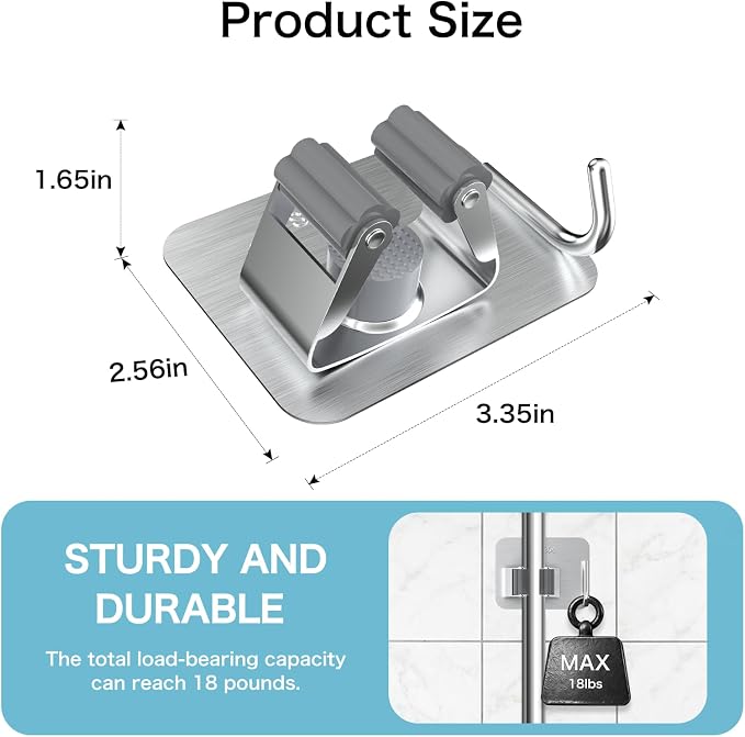 nacena 4 Pack No Drill Self Adhesive Broom Mop Holder Wall Mount with Hooks, Heavy Duty Stainless Steel Organizer for Kitchen Bathroom Garage Storage,Silver