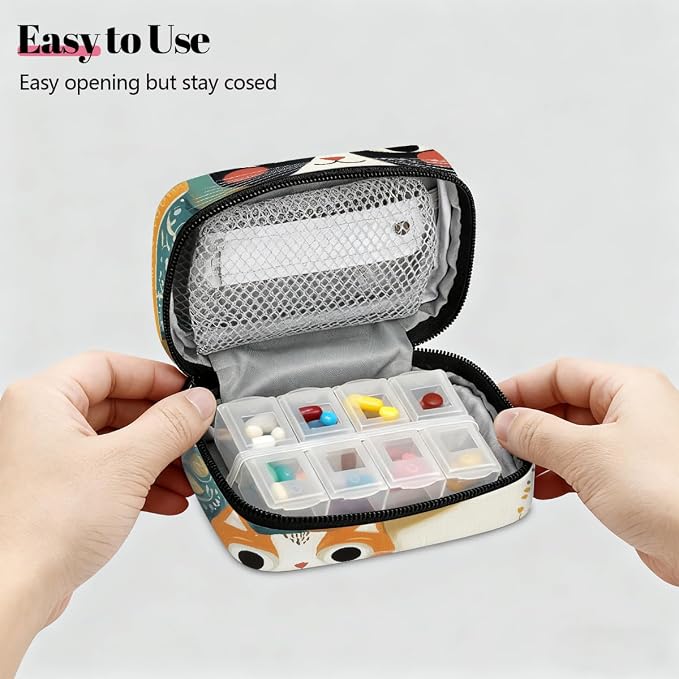 Weekly Pill Organizer Travel Size Bag with Removable 7 Day Pill Box Portable Vitamin Case Purse with Zipper,Two Cats Floral Decoration