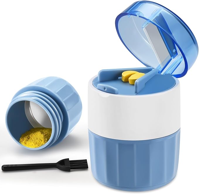 3-in-1 Pill Crusher and Cutter (Blue) | Pills Crusher Fine Powder with Stainless Steel Grinding Head, Storage for Tablets, Cutter Splitter for Small and Tiny Pills