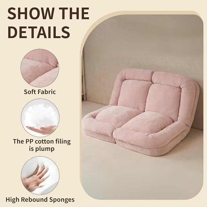 Convertible Fold-Out Lazy Sofa Bed - Adjustable Human Dog Bed for Adults, Plush Upholstered Adjustable Sofa Couch with 18-Position Backrest, 2-Person Floor Sofa Bed, Space Saving Design
