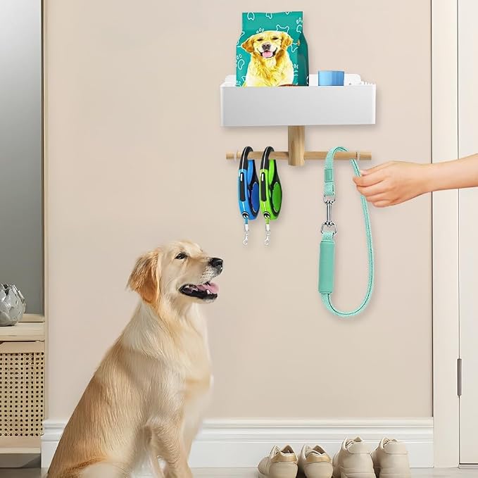 Picowe Dog Leash Holder for Wall, Metal and Wood Dog Leash Hooks, Pet Stuff Storage Shelf Storage for Leashes,Collar, Toys, Treats, Poop Bag (White)