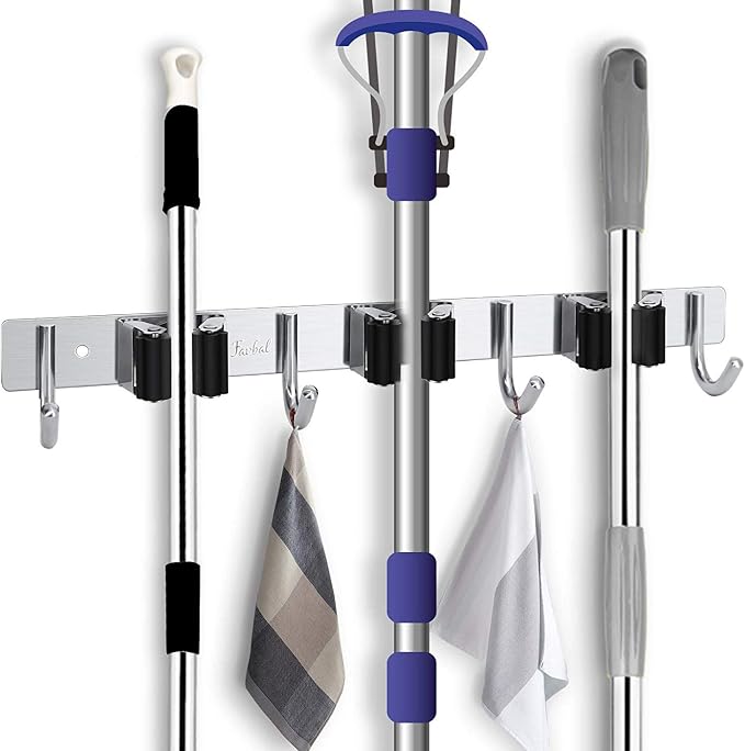 Broom Mop Holder Wall Mount,Favbal Garage Organization Tool Organizer Storage Broom Closet Kitchen Organization Heavy Duty Garage Tools Hanger with 3 Racks 4 Hooks for Home Kitchen Garden Laundry Room | Garage, Closet, Kitchen & Laundry Room Storage fo...