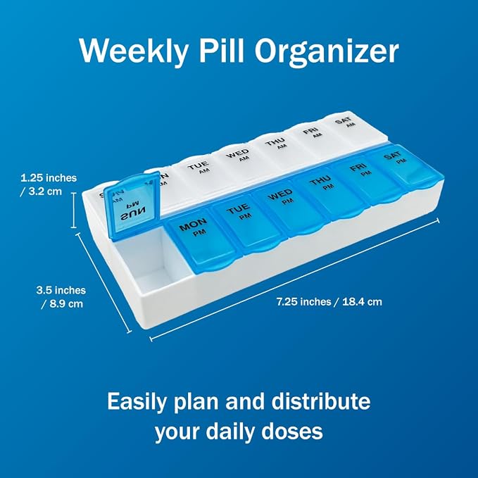 Amazon Basic Care 7-Day AM/PM Pill Organizer, Medication Planner with Large Compartments for Tablets, Blue and Clear Lids
