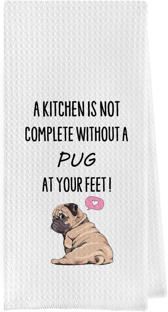Funny Pug Dish Towels - Decorative Waffle Weave Kitchen Hand Towel, Tea Towel Gift for Pug Lovers (1624 Inches)