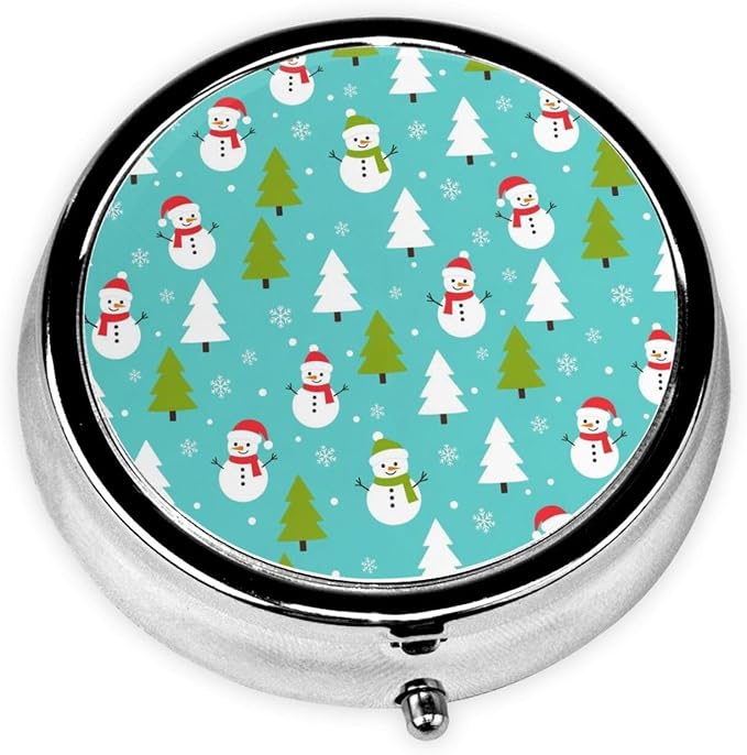 Mini Pill Container, Christmas Cute Snowman Snowflakes Tree Mint Green Round Sturdy Organizer, Portable Holder for Supplements, Travel Pill Case Purse Essential for Gym