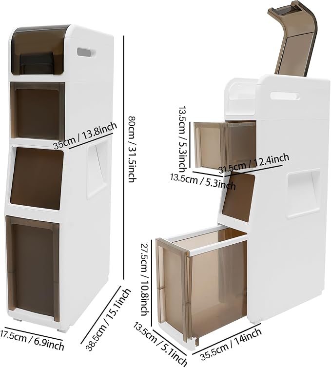 Slim Bathroom Storage Cabinet with Trash Can, Narrow Movable Waterproof Bathroom Floor Cabinet with Toilet Paper Holder for Bathrooms Toilet (15.1 * 6.9 * 31.5in)