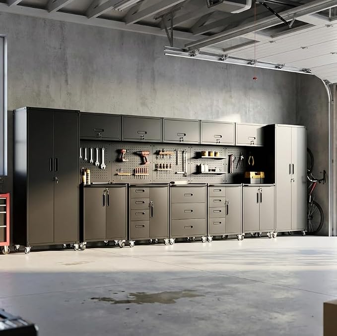 12-Piece Heavy Duty Steel Garage Cabinet System | All-in-One Modular Garage Cabinet Set for Ultimate Workshop Organization | Easy Assembly Garage Storage Cabinets & Tool Bench (Black)