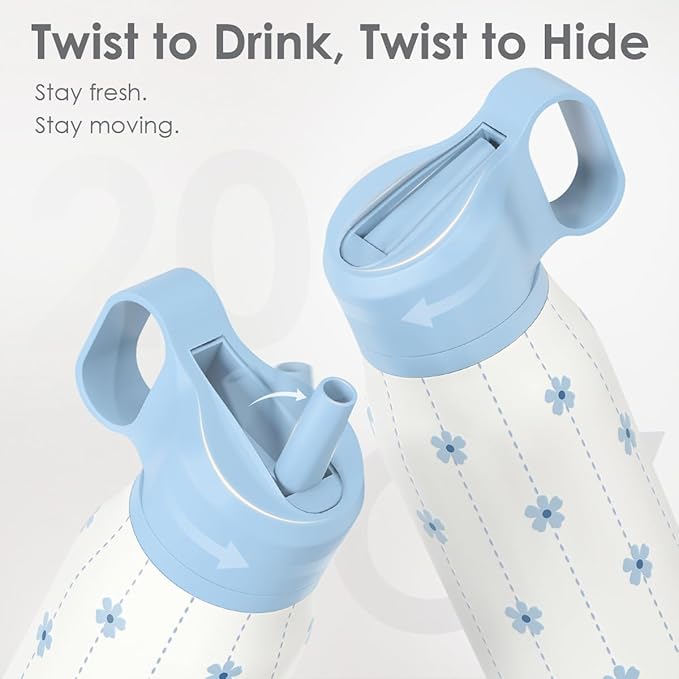 Blue Floral Stainless Steel Water Bottle with Twist Lid 20oz, Travel Insulated Water Bottles for Sports & Gym, Gift for Women Girls Friends Birthday Christmas