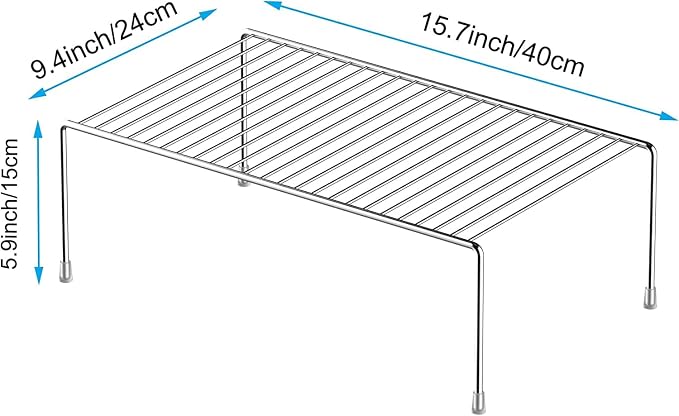 Kitchen Cabinet Shelf Organizer Set of 2, Large (15.7 x 9.4 inch) Metal Wire Pantry Storage Shelves, Dish Plate Racks for Cabinets, Freezer, Counter, Cupboard Organizers and Storage, Chrome