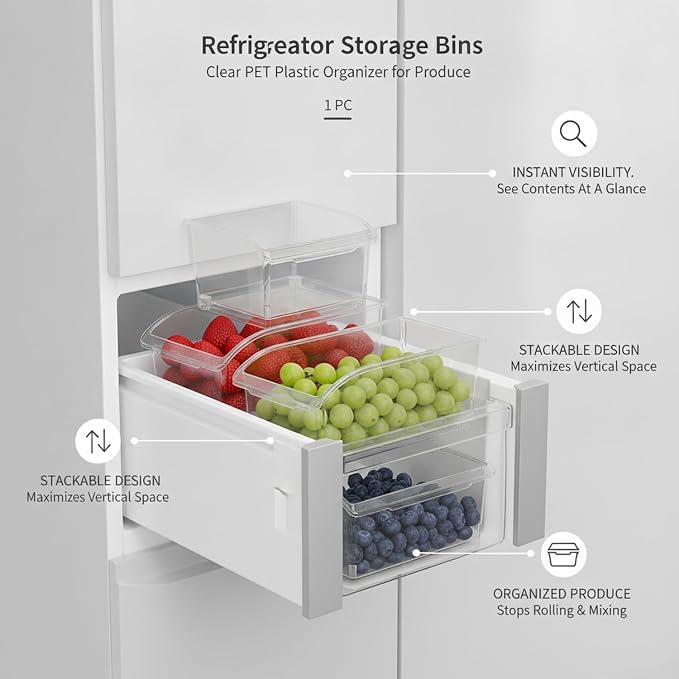 Clear PET Refrigerator Storage Bins - Stackable Produce Organizer for Fridge Drawers & Shelves, Durable Food Container (1 Pack)