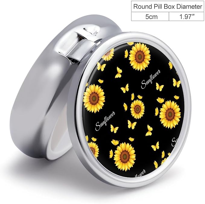 Pocket Pill Box, Beautiful Butterfly Sunflower Compact Round Dispenser, Travel Organizer for Supplements, Waterproof Case Purse Carry for Hiking