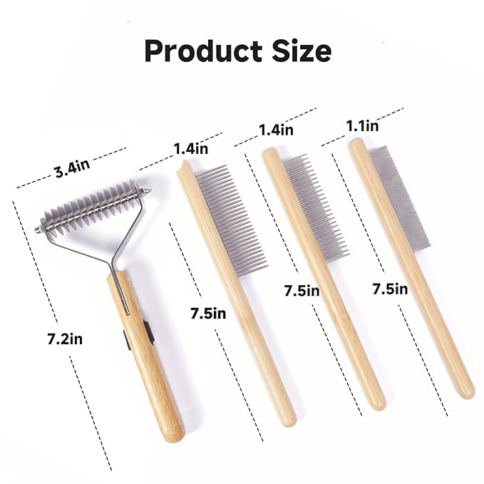 Bamboo 4-in-1 Cat Brush for Long Haired Cats, Professional Cat & Dog Deshedding Comb, Undercoat Rake Dematting Tool for Matting & Shedding, Complete Pet Grooming Kit for Indoor Cats
