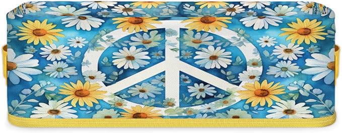 Peace Sign Daisy Bathroom Storage Basket, Foldable with Handle Open Countertop Paper Towel Decorative Box, Toilet Tank Top Shelf Baskets for Home Closet Bedroom Living Room Office