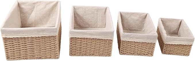 Tissting 4-Piece Woven Straw Baskets Set, Multiple Sizes - Versatile Storage Organizers for Bedroom, Bathroom, Office, Laundry, with Handles for Easy Carrying