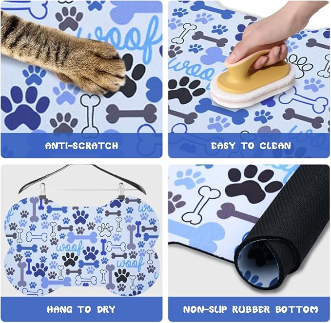Dog Food Mats for Floors Waterproof, Pet Feeding Absorbent Water Bowl Mat Cat Placemats Blue Bone Shape 25.5 * 17 inch