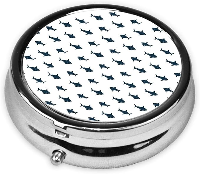 Compact Pill Holder, Grey Sharks White Round Mini Dispenser, Travel Organizer Case for Medicine, Purse Pocket Box for Outdoor Enthusiasts