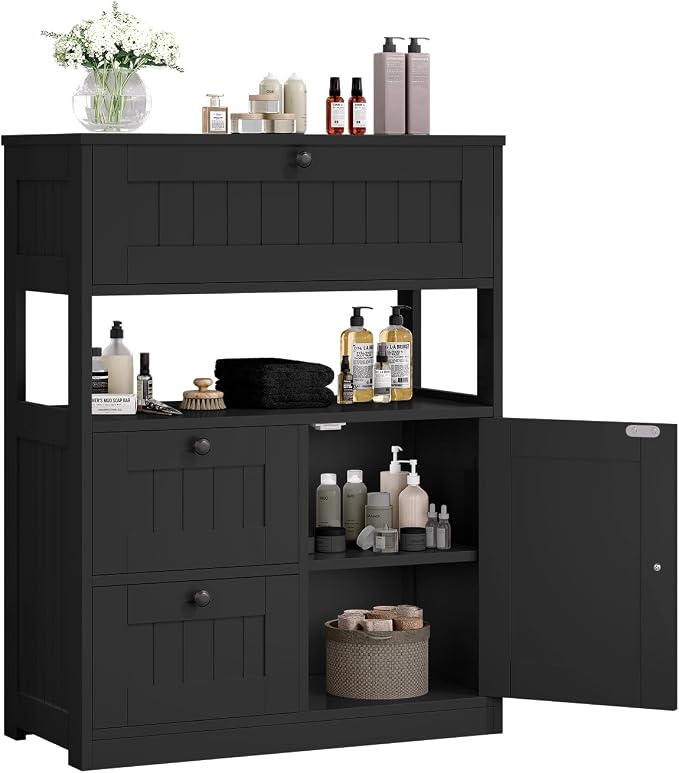 GRUSIGN Storage Cabinet, Modern Bathroom Floor Storage Cabinet Organizer with 1 Door and 3 Drawers, Freestanding Cupboard for Kitchen/Living Room Use