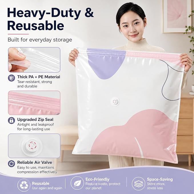 No Pump Vacuum Storage Bags, 3D Space Saver Bags for Clothes, Blankets, Bedding & Comforters, Reusable Vacuum Seal Storage Bags for Moving & Seasonal Storage (L-4PCS)