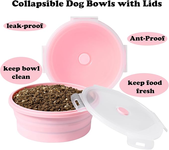 Joyinjojo Collapsible Dog Bowls with Lids, 2 Pack Portable Travel Dog Bowls for Small Medium Large Dogs, Silicone Foldable Outdoor Dog Cat Food Water Bowls for Camping Hiking Road Trip, Pink 17 oz