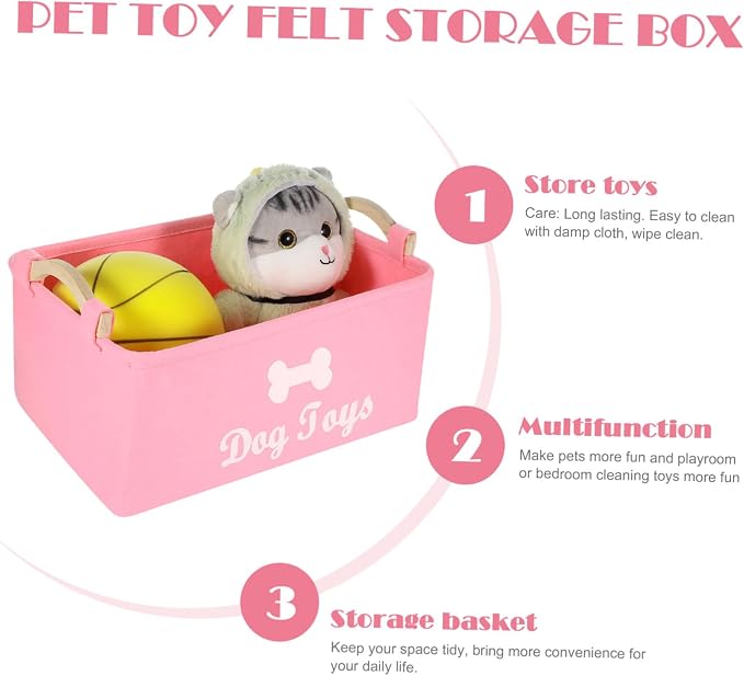 INOOMP Pink Felt Pet Organizer Basket with Wooden Handle Large Dog Storage Bin for Home and Utility Lightweight and Portable Container for Pet Accessories