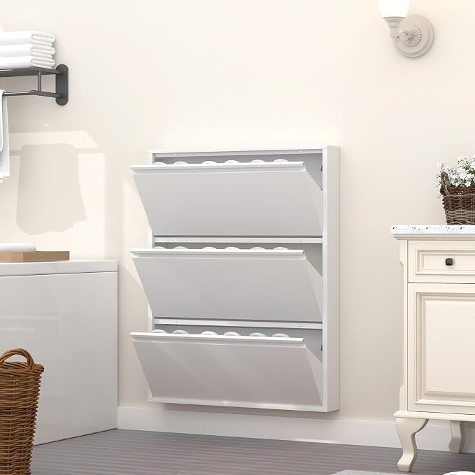 GREATMEET Shoe Rack for Closet, Slim Wall Mounted Metal Cabinet with 3 Flip Drawers, Steel Hidden Shoe Cabinet Storage for Entryway, Modern Narrow Shoe Organizer Cabinet for Mudroom, Hallway, White