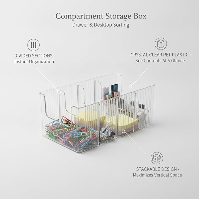 Multipurpose Clear PET Organizer Box with Dividers for Drawers, Desktops, and Cabinets - Versatile Storage Caddy, 10.1 x 5.2 x 3.9 Inches