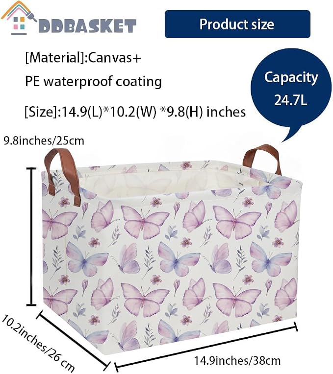 Rectangular Kids Baskets Butterfly Basket Kids Storage Bins Girls Basket Cute Storage Bin Organizer Box Room Decor for Home(Flower Butterfly)
