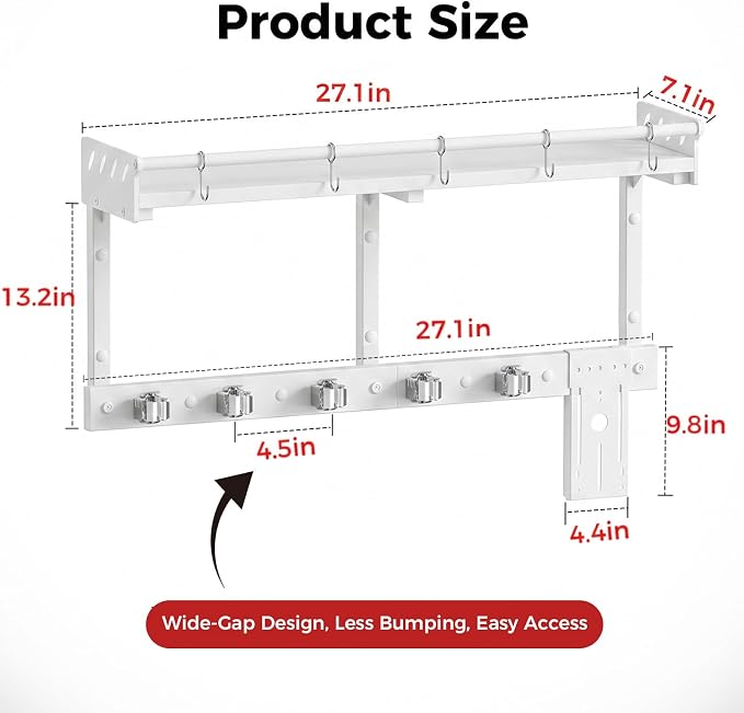 Broom Holder Wall Mount with Shelf,Broom Hanger,3 in 1 Broom and Mop Organizer Wall Hanging for Laundry,Garage,Utility,Broom Rack,Vacuum Stand Alternative,Cleaning Supplies Organizer Storage,White,L