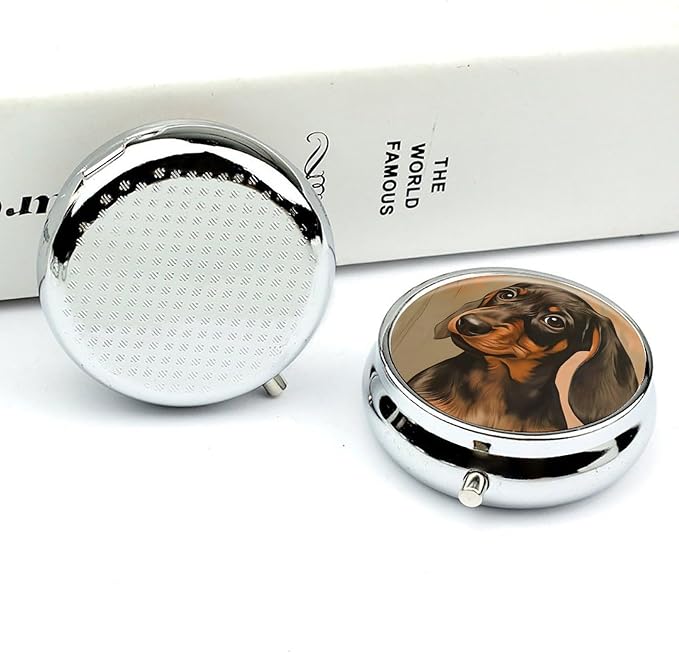 Dachshund Puppy Metal Pill Organizer with Mirror, 3-Compartment Travel Pill Box, 2-Inch Round Pocket Medicine Case with Secure Latch, Portable Vitamin Holder for Women & Men