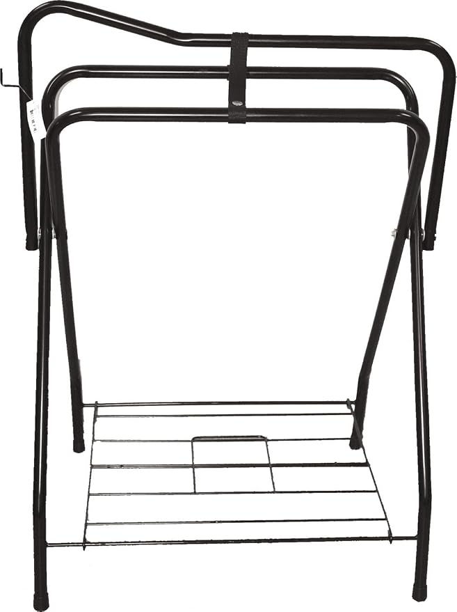 Jeffers Folding Western Saddle Rack – Black Metal Saddle Stand with Bottom Wire Storage Shelf, Compact & Portable Horse Tack Organizer for Barn, Stable, Trailer, Travel, or Home Use