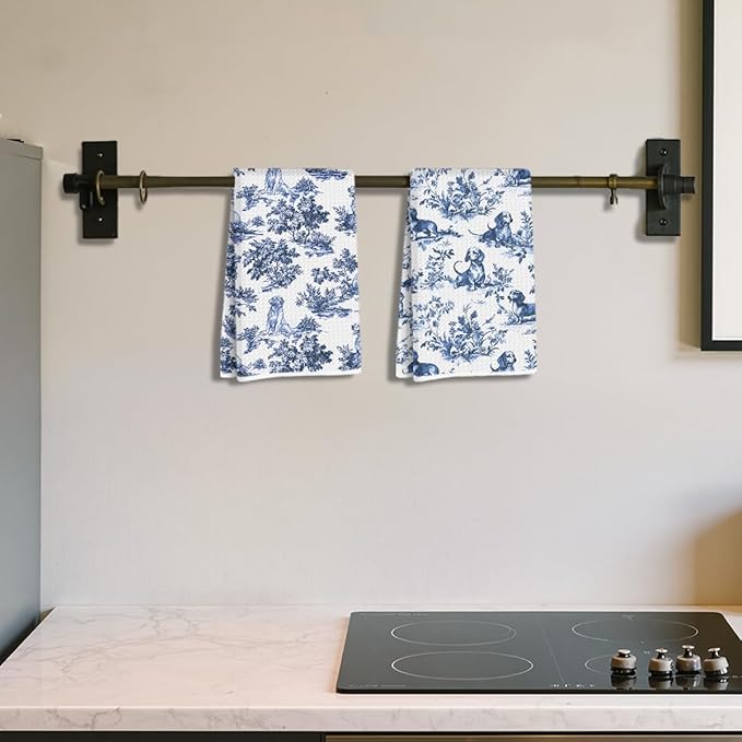 2Pcs Chinoiserie Golden Retriever Kitchen Towels 14x24 Inch, Blue and White Floral Golden Retriever Dachshund Decorative Dish Tea Towels, Grand Millenial Botanical Dog Hand Towels for Kitchen Bathroom